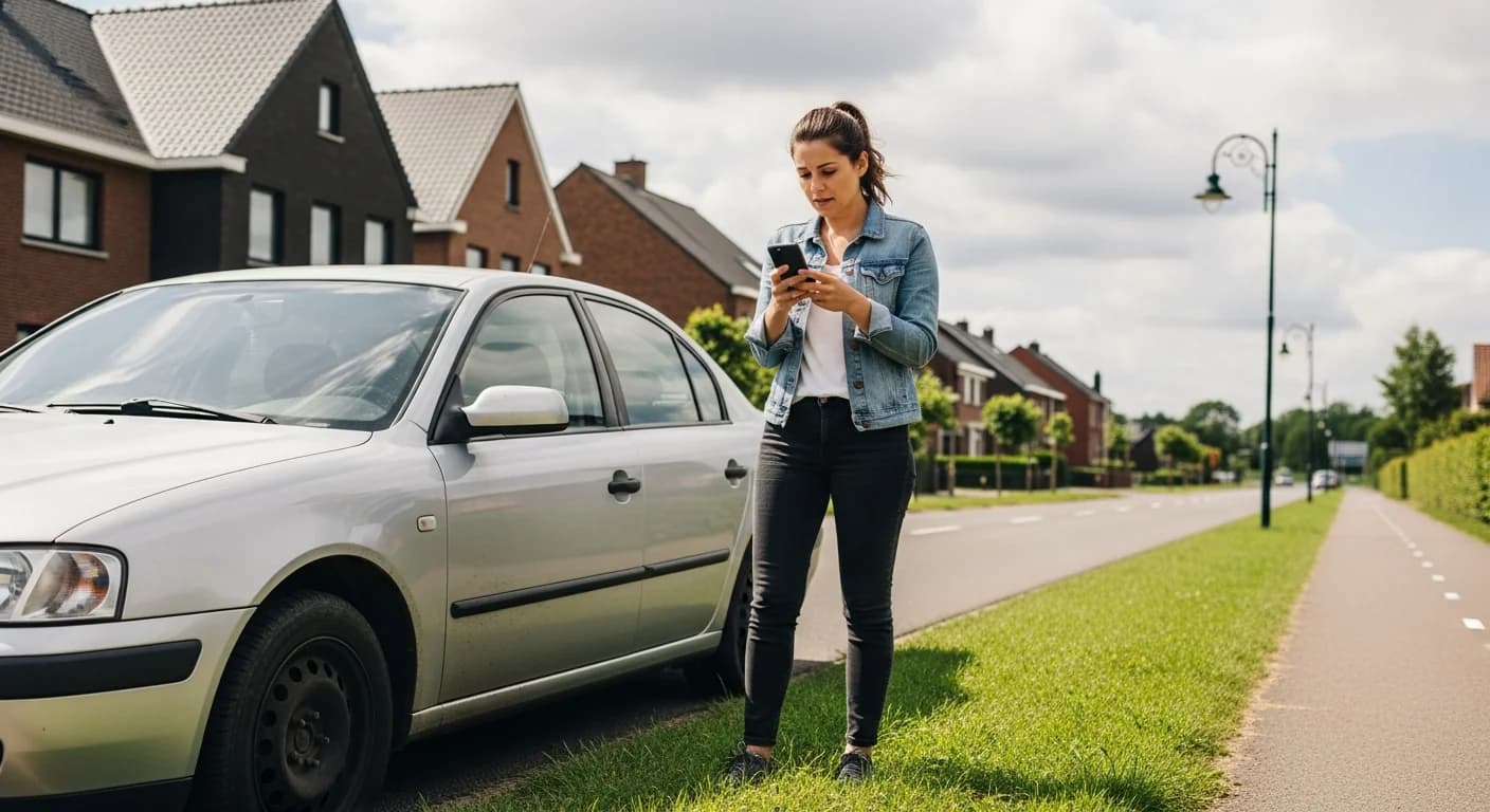 Vrouw wacht op hulp bij lekke band langs de weg